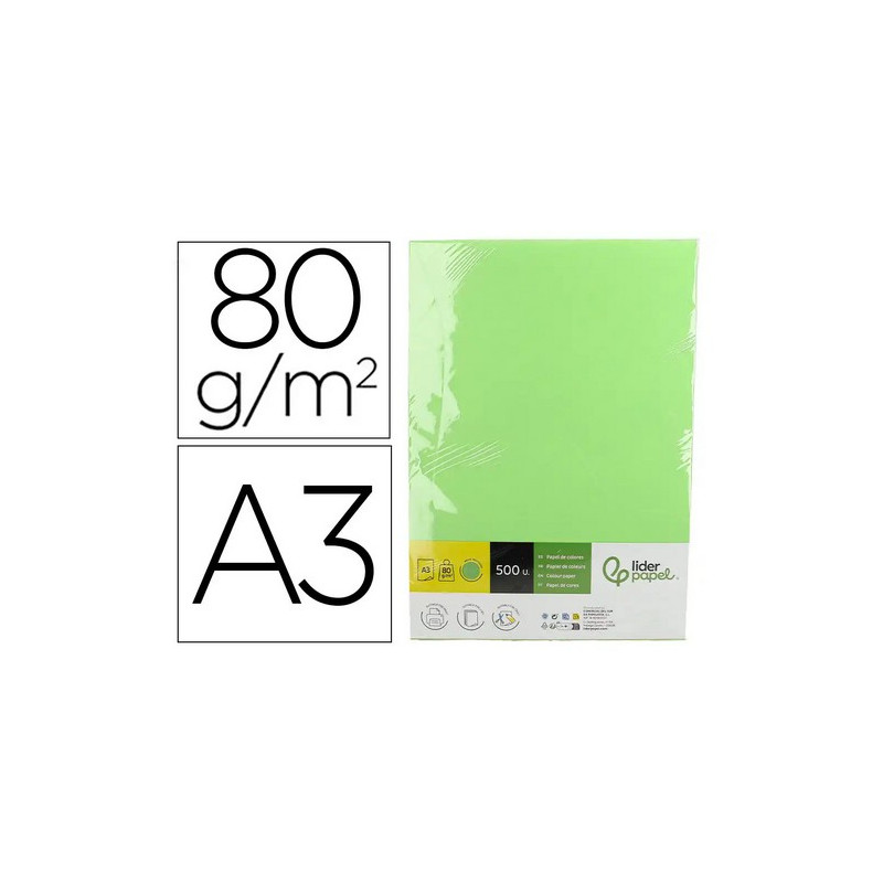 Papel color liderpapel din a3 80 gr verde paquete de 500 hojas.