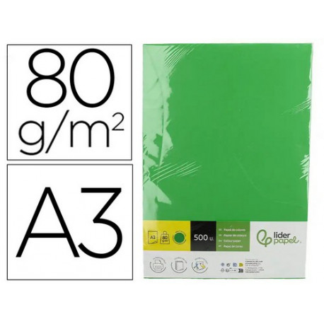 Papel color liderpapel din a3 80 gr verde intenso paquete de 500 hojas.