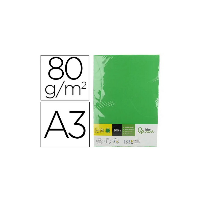 Papel color liderpapel din a3 80 gr verde intenso paquete de 500 hojas.