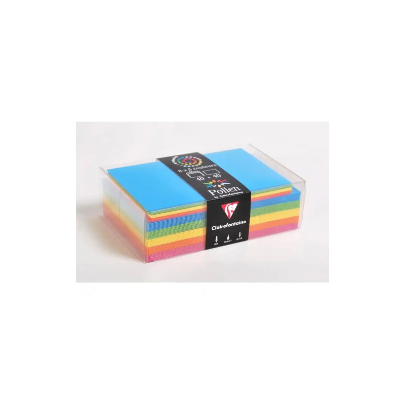 SOBRE CLAIREFONTAINE POLLEN 90X140 MM + TARJETA VISITA 82X128 MM PACK DE 40 UNIDADES 5 COLORES SURTI