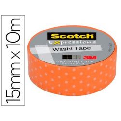 CINTA ADHESIVA SCOTCH WASHI TAPES PAPEL DE ARROZ FANTASIA PUNTO NARANJA 10 MT X 15 MM